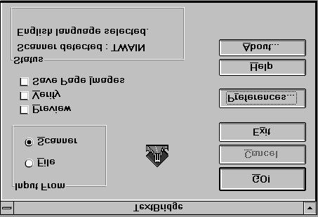 Figur 14: TextBridge 3.0 OCR for Windows 3.1x 2. Under "Input From " må du velge "Scanner". 3. Sperr alternativet "Save Page Images". 4. Klikk på "GO!" for å skanne teksten.
