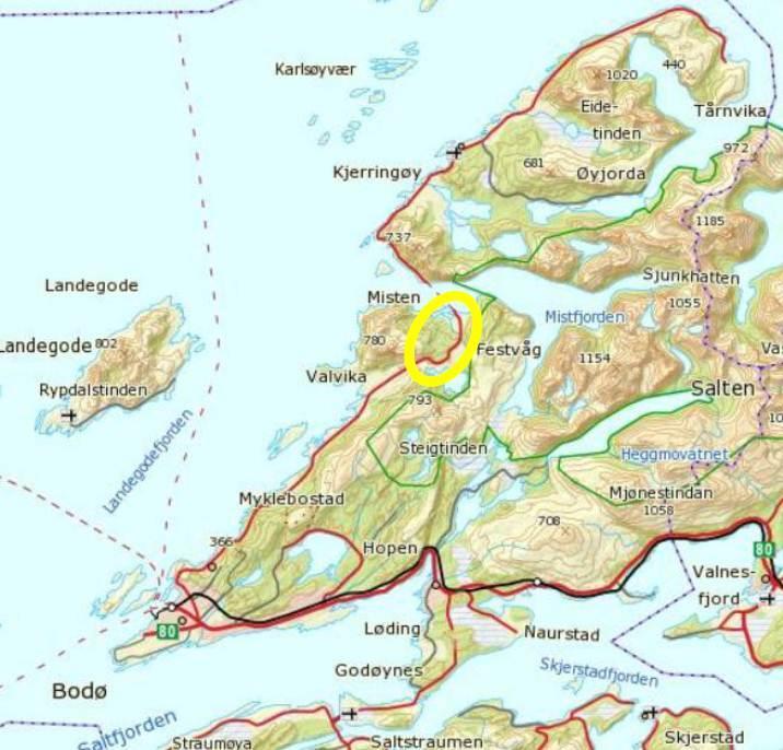 Oversiktskart. Gul sirkel viser planområdet Fv. 834 mot Kjerringøy har en viktig funksjon for pendlere og fritidsaktivitet/turister til/fra Bodø. Årsdøgntrafikken var ca. 1150 kjt./døgn i 2010.