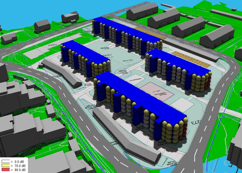 Side 11 av 20 Figur 4-5: 3D visning av beregnede støynivåer L5AF oppover etasjene på planlagte bygg, sett fra nord. Det er også utført beregninger med en 2,5m høye støyskjermer rel.