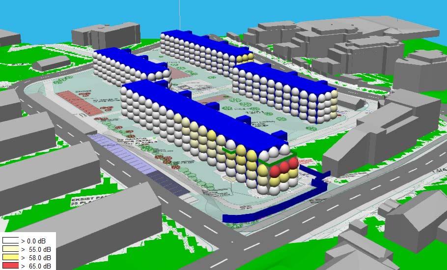 Side 12 av 20 Figur 4-6: 3D visning av beregnede støynivåer LDEN oppover etasjene på planlagte bygg med en