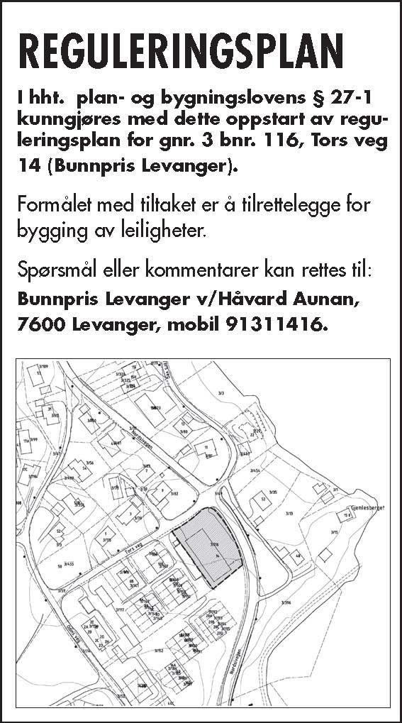 Aunan Holding AS Side 4 av 8 1. SAMMENDRAG Det er utarbeidet reguleringsplan for gnr/bnr. 3/116 bunnpristomta i Levanger kommune. Eksisterende butikktomt ønskes omregulert til boliger i 2 etasjer.