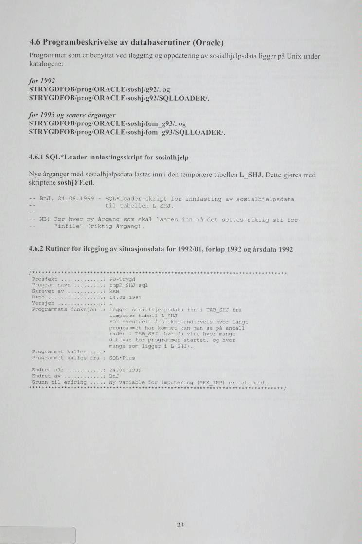 4.6 Programbeskrivelse av databaserutiner (Oracle) Programmer som er benyttet ved ilegging og oppdatering av sosialhjelpsdata ligger på Unix under katalogene: for 1992