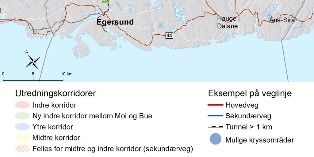 I beskrivelsen av Ytre korridor endres teksten til: Ytre korridor går fra Moi gjennom et småkupert og spredtbygd landskap mellom Moi og området der ny E39 vil krysse rv. 42 nord for Egersund.