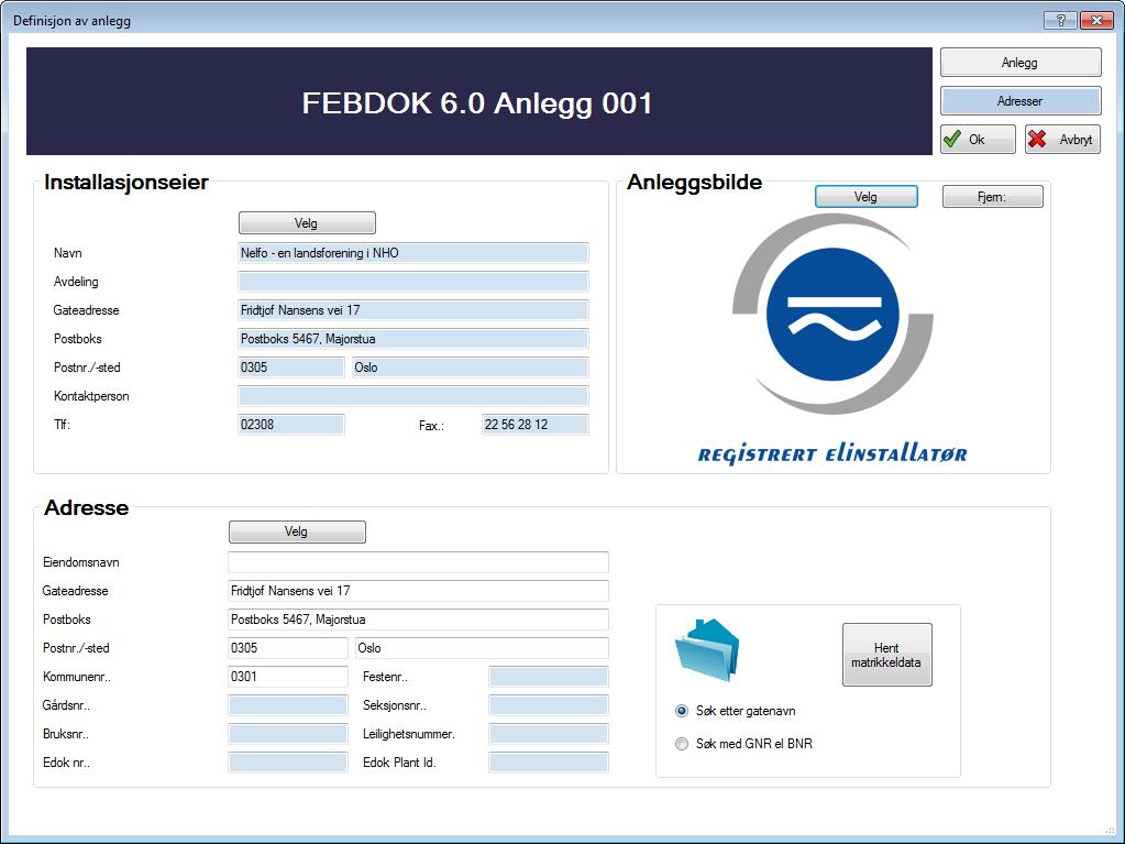 Under definisjon av anlegg, og Adresser, kan man legge til en installasjonseier, og en adresse for anlegget.