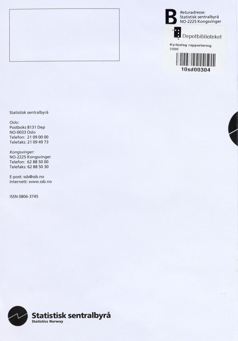 Statistisk sentralbyrå B Returadresse: NO-2225 Kongsvinger Depotbiblioteket Kyrkjeleg rapportering 2009 105d00304 Statistisk sentralbyrå Oslo: Postboks 8131 Dep NO-0033 Oslo Telefon: 21 09 00 00