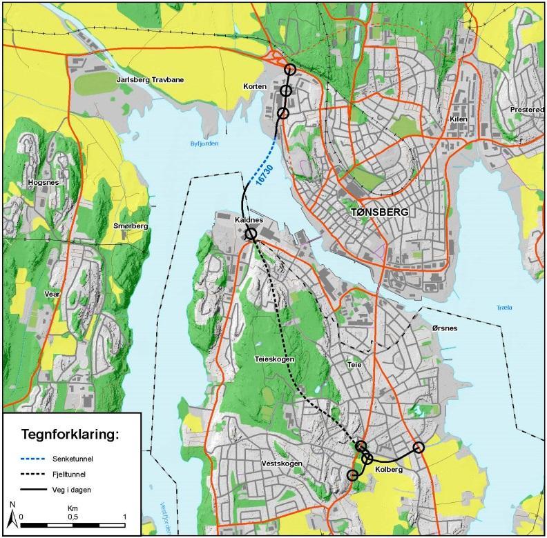 15 2.7 Linje 16730 2.7.1 Korridor 2, alternativ 16 730 Åpen spunt/kort undersjøisk tunnel Kaldnes - Nord for Slottsfjellet Alternativ 16730 går i fjelltunnel fra Kolberg til Kaldnes, som passeres i dagen.