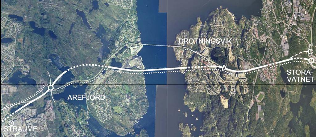 Nytt 4 felts hovudsamband og ny 4 felts bru - konsept F Parsell Arefjord - Storavatnet: 2 alternativ med ny hovudveg og bru i høgspentlinjekorridoren.