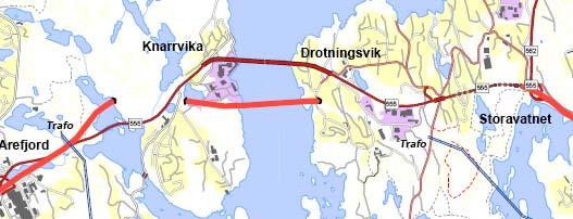 og mellom brufestet i Søre Drotningsvik under Janahaugen til kryss i Drotningsvik på Bergensida.