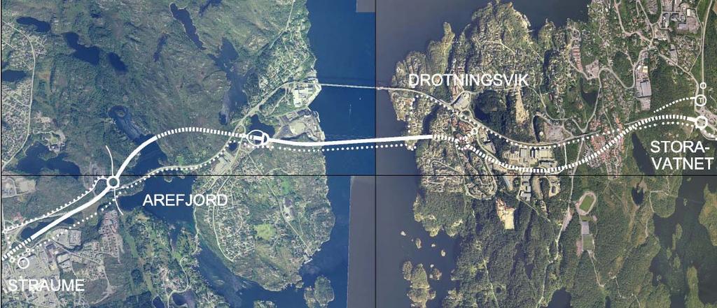 Prinsippskisse stipla linje er tunnel, prikka linje er gang-sykkelveg.