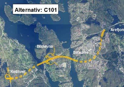 Alternativ med lang dagsone med miljøtunnel forbi Straume Ny tunnel Kolltveit Bildøystraumen. Ny bru over Bildøystraumen. Utviding av dagens veg mellom Bildøystraumen og Arefjord.