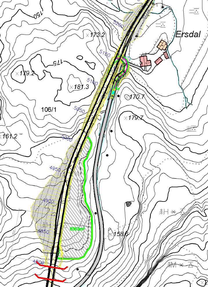 Geoteknisk rapport for reguleringsplan, Rv. 13 Lovraeidet-Rødsliane 3.4 Profil 4800-5000 (Ersdal) Kart: Fylling profil 4800-5000 3.4.1 Grunnforhold, vurderinger og anbefaling Det er ikke foretatt grunnundersøkelser for fyllingen mellom profil 4800-5000.