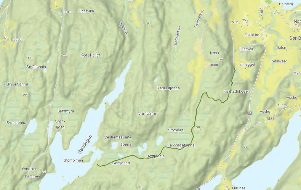 Innlegget - Torvmyra - Sønningen 8 km tur-retur Sønningen 2 timer 81 høydemeter Fra Innlegget til Torvmyra er det 1,3 km å gå langs gruset traktorvei fra parkering på Innlegget.