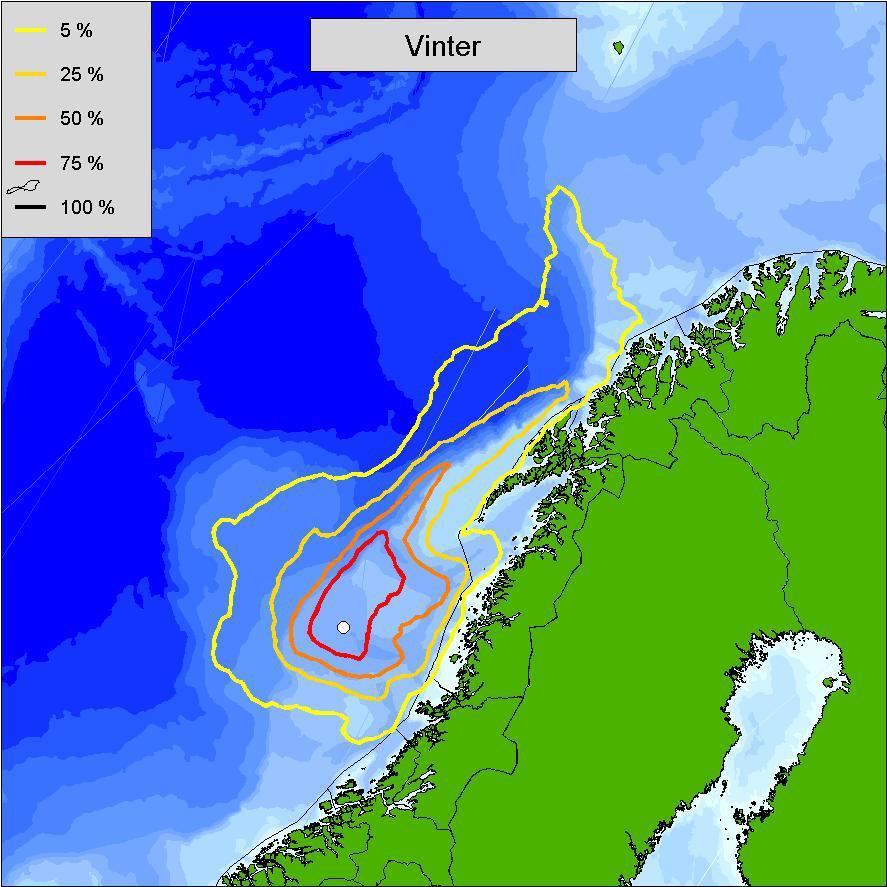 Figur 3-2 Influensområdene for olje på havoverflaten gitt en overflateutblåsning for Liner