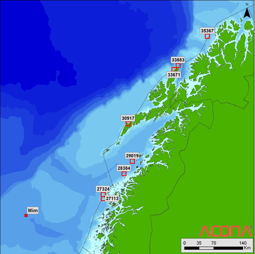 Figur 3-12 Den geografiske lokasjonen til alle kartrutene i Figur 3-11. Utslippsposisjonen er markert med en helfarget rød firkant.