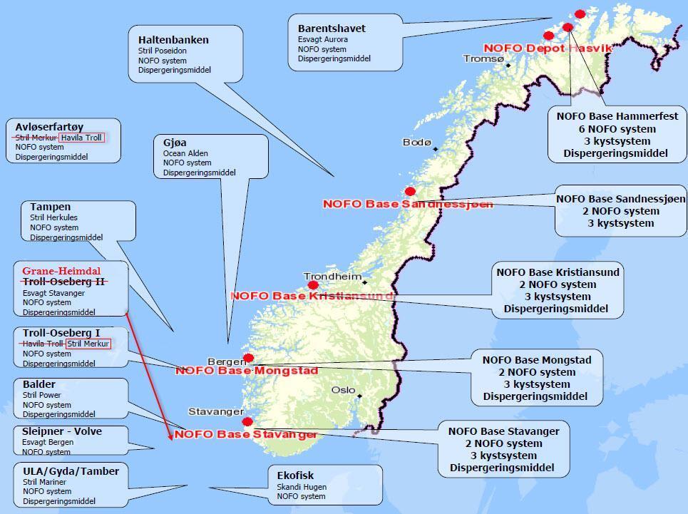 4.3.4 Oljevernressurser- utstyrsplassering og forutsetninger Figur 4-4 viser plasseringen av NOFO utstyr per oktober 2016 [6], og inkluderer endringer i posisjoner gjeldende fra Q3 2016.