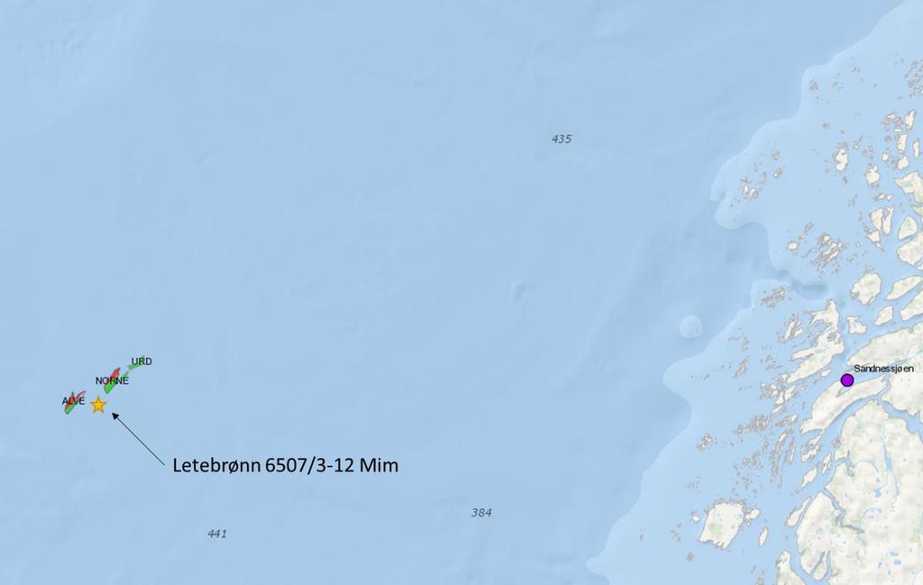 Figur 2-1 Lokasjon avstand til land er ca 160 km Tabell 2-1 Basisinformasjon Letebrønn 6507/3-12 Mim Posisjon for DFU (geografiske koordinater) 65 58'3''N, 7 55'55''Ø Vanndyp 380 m Borerigg Deepsea