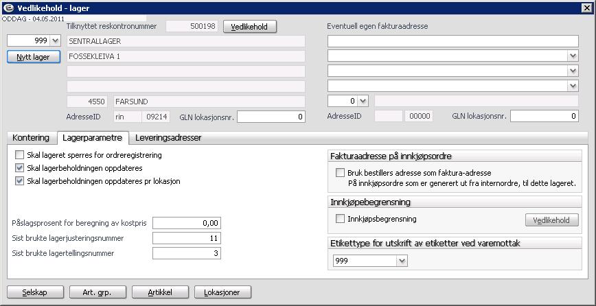 Feltene for adresseid og EAN-lokasjon er kun informasjonsfelter her. Disse numrene blir aktivert når du aktiverte adresse ID-rutinen i systeminformasjonen.