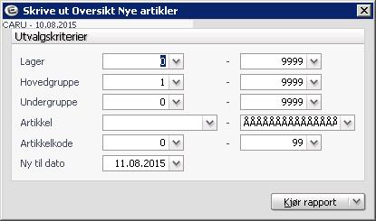 Oversikt nye artikler Rapporten gir en oversikt over nye artikler Meny: ehandel> Rapporter > Artikler/oversikt nye artikler Utvalgskriterier Lager Her legger du inn det lager hvor artiklene er