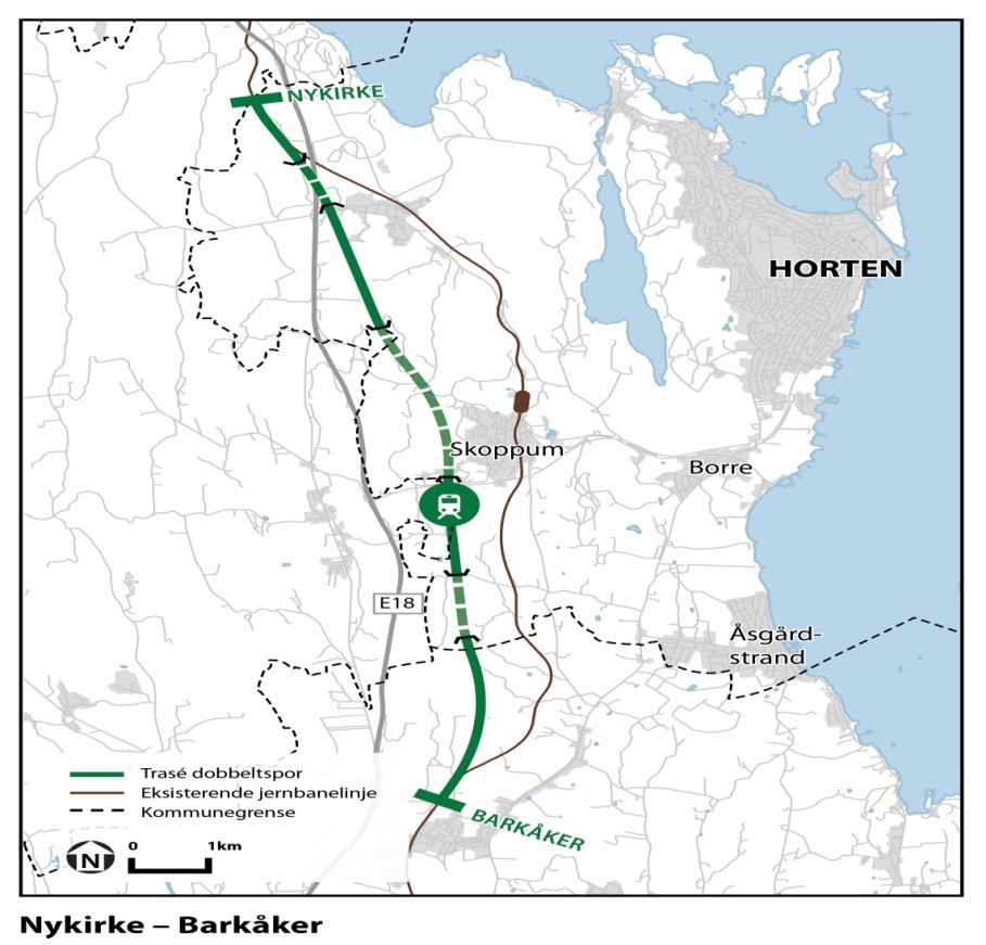 Nykirke-Barkåker (UNB) 14 km dobbeltspor fra Nykirke til Barkåker Tre tunneler: 126 En cut and cover tunnel under E18 (900 m) En fjell- og løsmassetunnel (3000 m) nordfra mot nye Skoppum Stasjon En