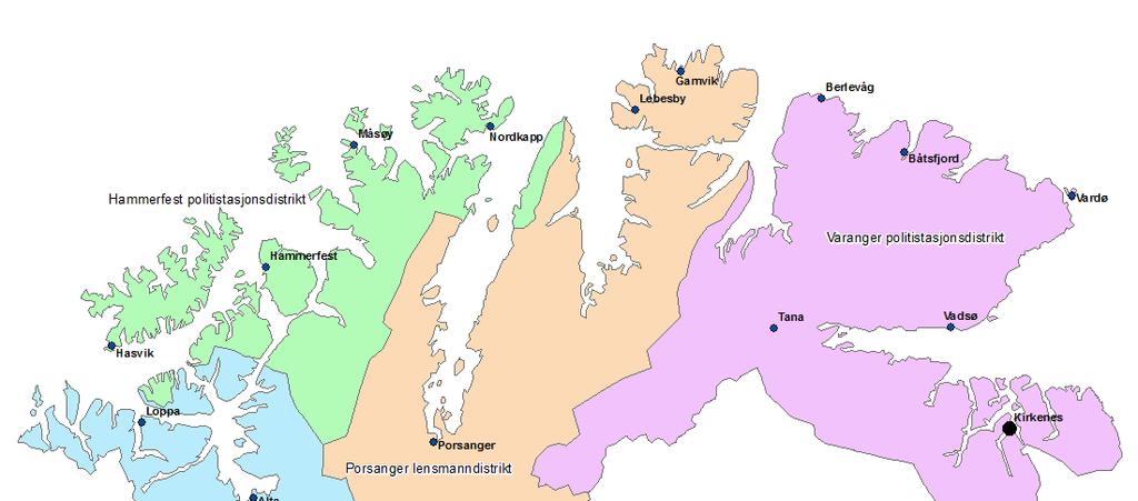 Kartet viser lensmanns- og politistasjonsdistriktene og