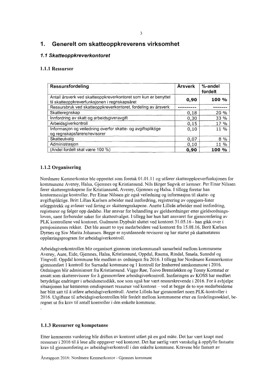 3 1. Generelt om skatteoppkreverens virksomhet 1. 1 Skatteoppkreverkontoret l.1.1 Ressurser Ressursfordeling Årsverk %-andel fordelt Antall årsverk ved skatteo kreverkontoret som kun er ben tet til