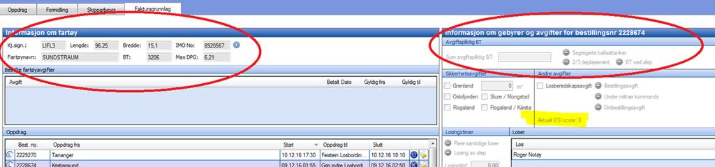 2.5.3.1 Fartøy Som vi har sett på tidligere har fartøyets BT og ESI score (miljøskipindeksen) betydning for fakturagrunnlaget. Informasjonen om dette legges inn på grunnlagsdataen til selve fartøyet.