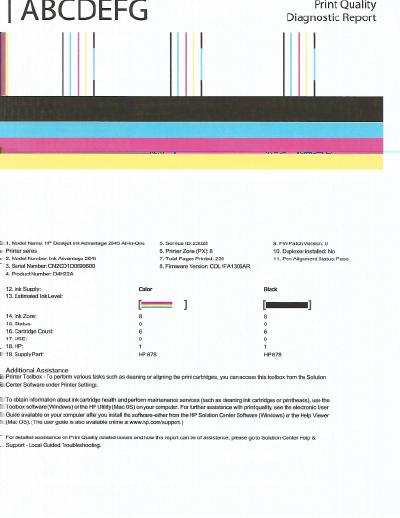 d. Klikk på Skriv ut diagnostikkinformasjon i kategorien Enhetsrapporter for å skrive ut en diagnostikkside. Se på de blå, magenta, gule og svarte boksene på diagnostikksiden.