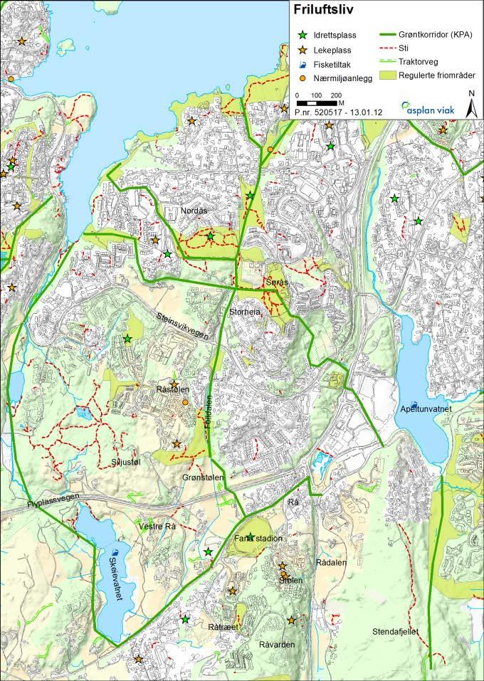 I sør ligger Stendafjellet, Skeisåsen og Hordnesskogen, alle med A-verdi for landskap og friluftsliv i Grønt Atlas. Planområdet er en del av grøntkorridorene som binder sammen disse områdene.