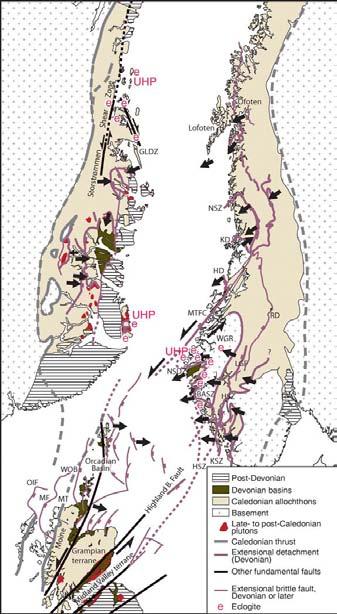 Fig.1.1 Konfigurasjon av devonske ekstensjons og sidelengsstrukturer i det Nordatlantiske området. (Fossen 20