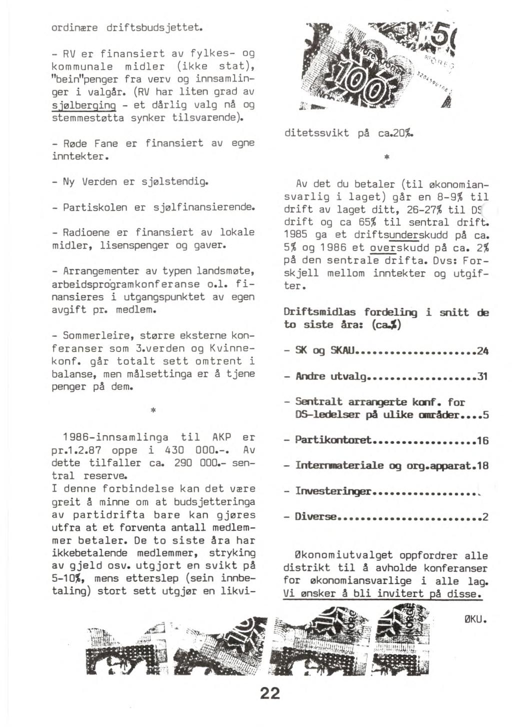 ordinære driftsbudsjettet. RV er finansiert av fylkes- og kommunale midler (ikke stat), "bein"penger fra verv og innsamlinger i valgår.