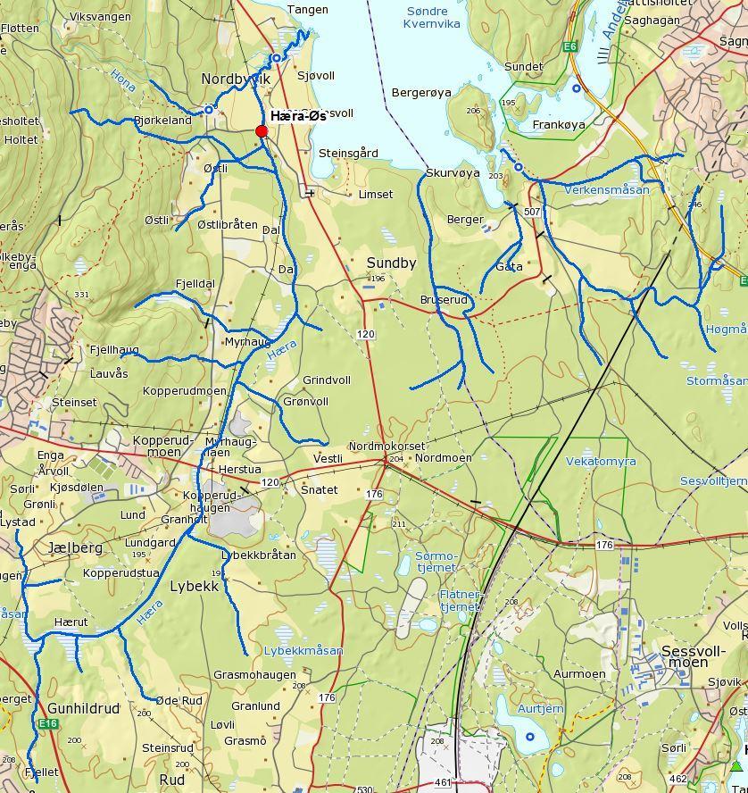 VF Hæra (002-1576-R) Hæra ble i 2015-2016 overvåket ved en vannlokalitet i den største bekken i bekkefeltet - 002-58987. Vannlokalitetens plassering er vist i figur 3-4.