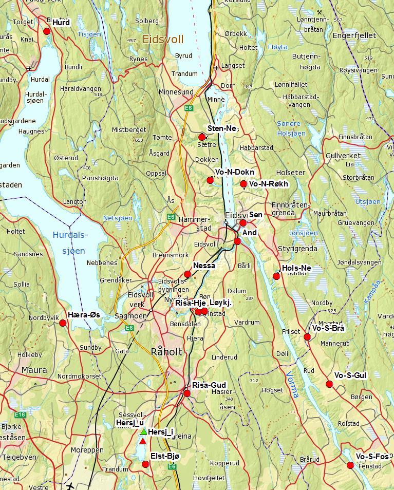 Figur 1-1. Undersøkte vannlokaliteter i 2015-2016. Symboler viser hvilke typer undersøkelser som er gjennomført.