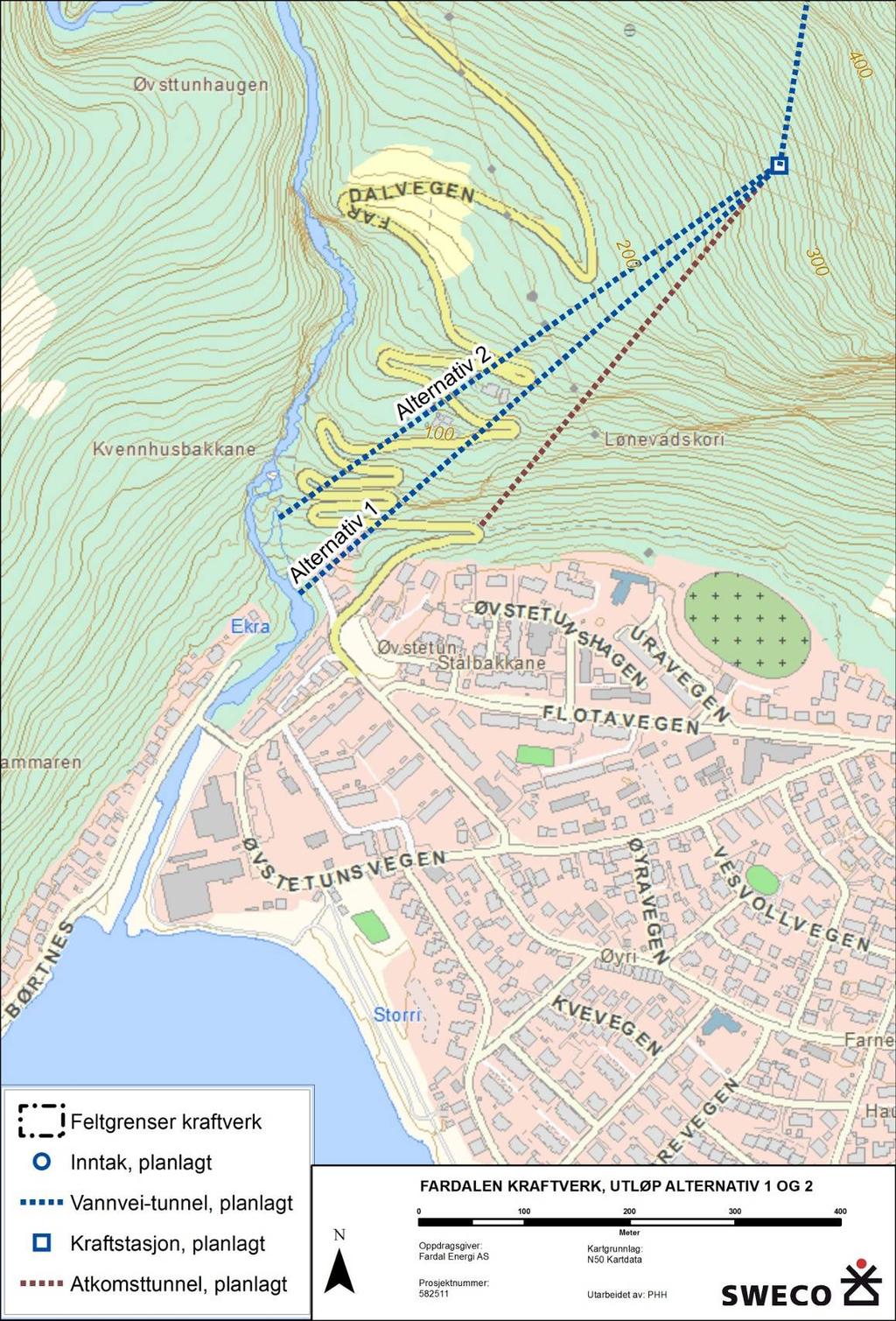 Figur 2. De to alternativene for plassering av avløp til vassdraget ved henholdsvis kote 8 og kote 38.