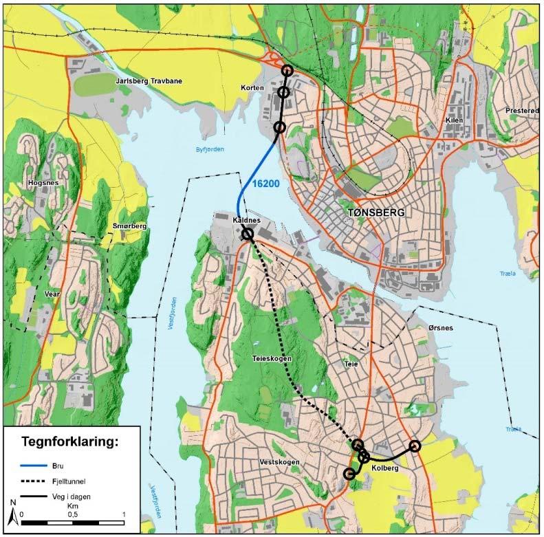 5.3.6 Korridor 2, alternativ 16 200 Bru Kaldnes Korten Alternativ 16200 går i fjelltunnel fra Kolberg til Kaldnes, som passeres i dagen. Her vil det bli kryss i plan med Ramdalveien og Kaldnesgaten.