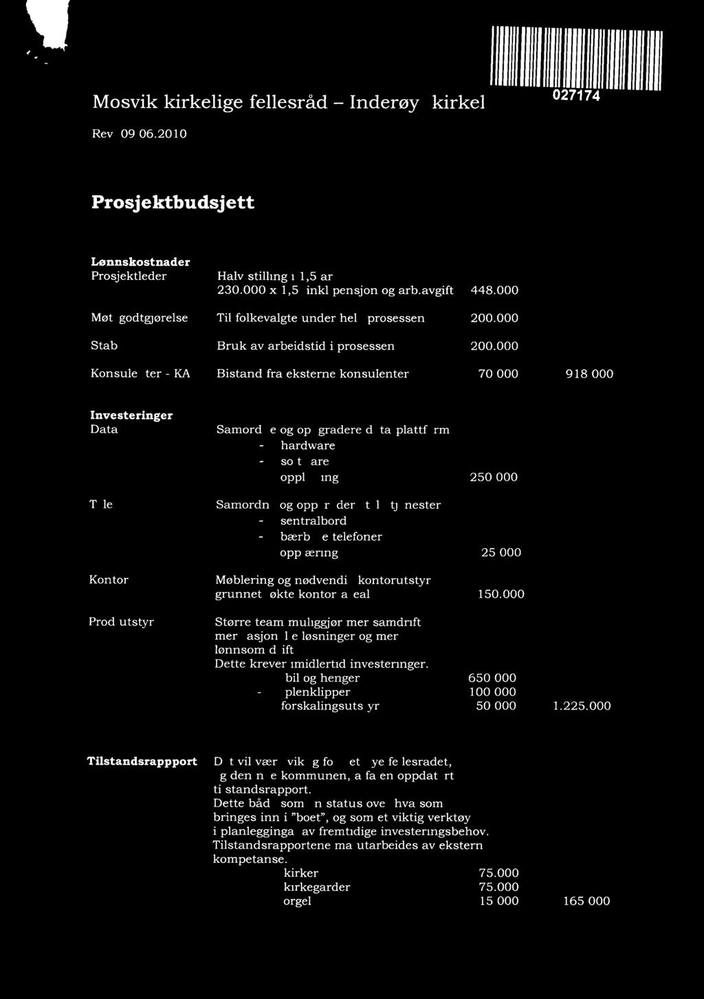 Mosvik kirkelige fellesråd - Inderøy kirkel 111 1[111 Rev 09.06.2010 Prosjektbudsjett Lønnskostnader Prosjektleder Møtegodtgjørelse Stab Konsulenter - KA Halv stilling i 1,5 år 230.