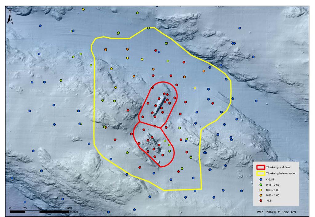 Figur 9: Kart som viser alle analyser av kvikksølv i overflatesediment inndelt i tilstandsklasser.