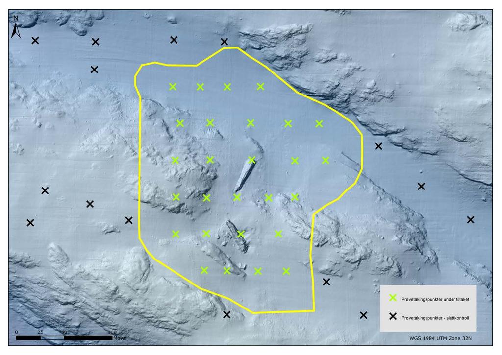 Figur 14: Illustrasjon av plassering og antall prøvetakingsstasjoner for sluttkontroll av sediment.