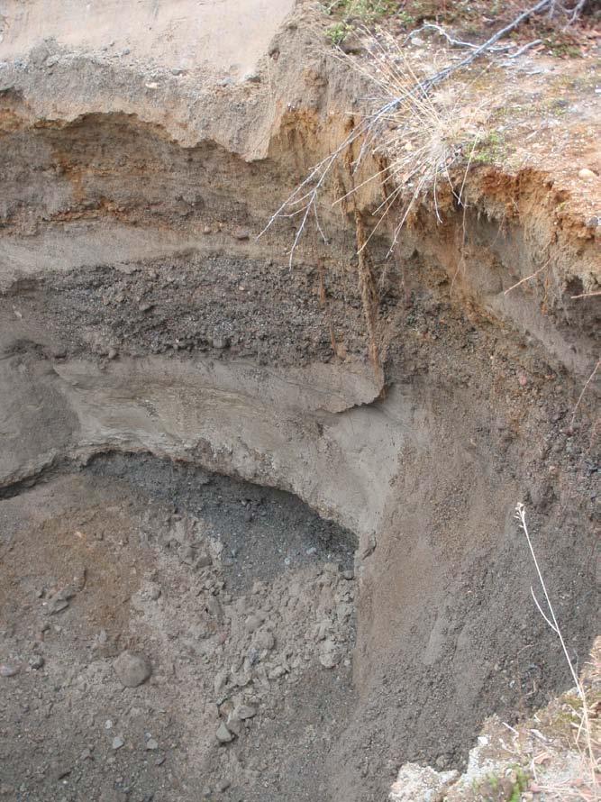 Side: 14 Figur 10 Prøvegrop 6. Sandig grus under løst rustig aurhellelag. Lag med grus og sand med kryssikting kan sees. 3.1.7 Prøvegrop 7 Ved hull 7 er det over veiende grusige masser men med fuktinntrengning i flere lag.