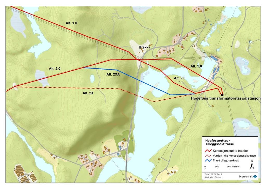I tillegg vises det til at 2X gir større avstand fra boliger på Brekka til ledningen enn alternativet 1.0 og 2.0. Det presiseres også at områdene langs elva som berøres av konsesjonssøkt trasealternativ 1.