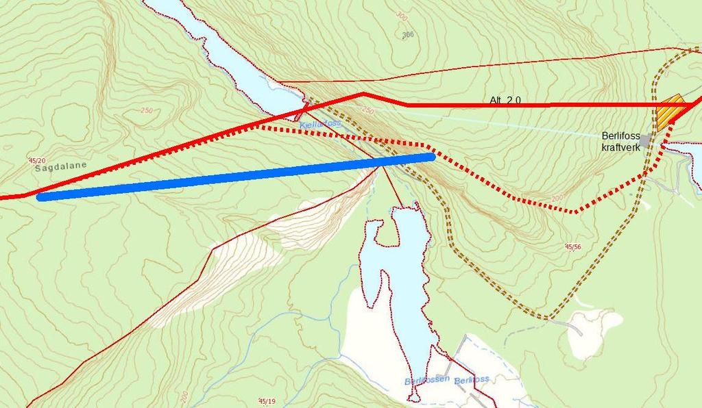 Det medfører kryssingen av Kjellarfoss må skje lenger sør, med det resultat at traseen blir liggende frampå kanten av ryggen på vestsiden av dalen.