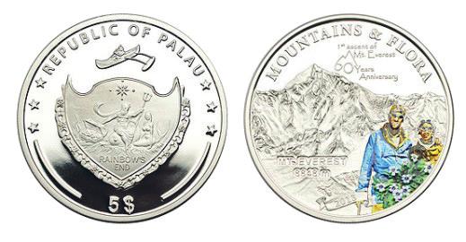 utenlandske mynter Palau Best.nr.: 45058 5 Dollar 2013, sølv proof, farget. Mountains & Flora. 1 utgave.