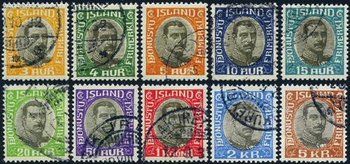 D Tjenestemerker Månedens tilbud Island Chr. X 1920/30. Serie 3 aur til 5 kr stemplet.