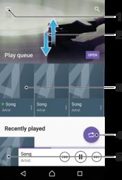 Musikk-startskjerm 1 Trykk på øverst i venstre hjørne for å åpne Musikk-menyen 2 Rull opp eller ned for å vise innhold 3 Spill av en sang med Musikk-appen 4 Spill alle sangene i modus med tilfeldig