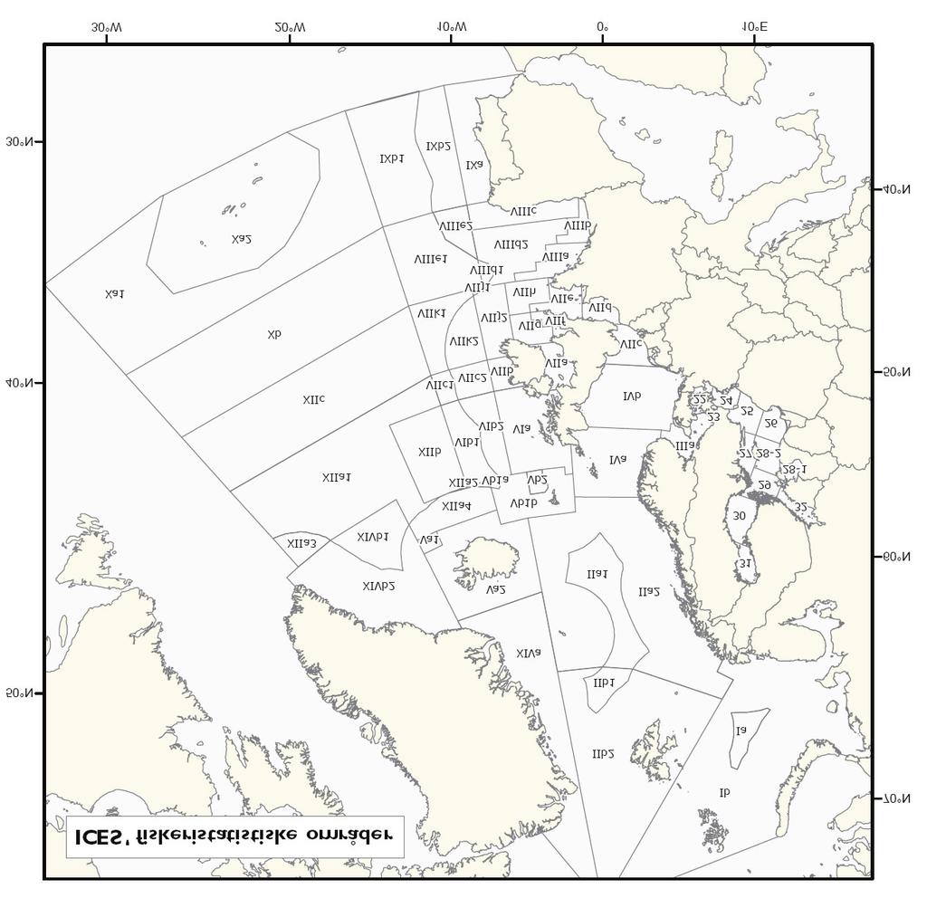 28 Meld. St. 18 2009 2010 - Figur 3.1 Dei ulike statistikkområda som ICES nyttar i si rådgjeving medlemsland inkludert blant anna Canada, Island, USA, Russland og Spania.