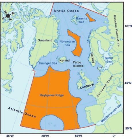 2009 2010 Meld. St. 18 41 Figur 3.3 NEAFC sitt konvensjonsområde merka i blått, myndigheitsområde er merka i oransje. taten, FN-avtalen om fiske på det opne hav mv.