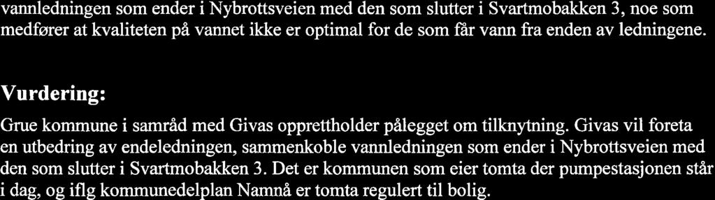 vannledningen som ender i Nybrottsveien med den som slutter i Svartmobakken 3, noe som medfører at kvaliteten på vannet ikke er optimal for de som fär vann fra enden av ledningene.