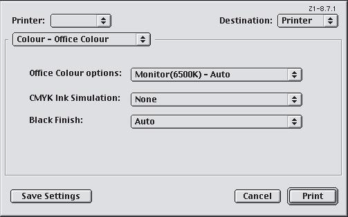 MAC OS 9 (KONTORFARGE) 1. Velg [Skriv ut] på [Arkiv]-menyen. 1 2 3 2. Velg skriver på [Skriver]-menyen (1). 3. Velg [Farge Kontorfarge] på den neste menyen (2).