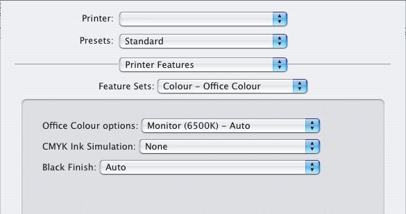 MAC OS X (KONTORFARGE) 1. Velg [Skriv ut] på [Arkiv]-menyen. 1 2 3 4 2. Velg skriver på [Skriver]-menyen (1). 3. Velg [Skriverfunksjoner] på den neste menyen (2).