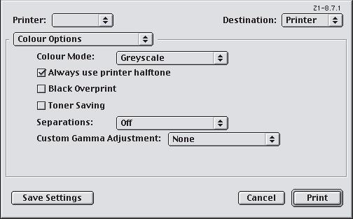 MAC OS 9 1. Velg [Arkiv] [Skriv ut] i programmet. 1 2 3 4 2. Velg skriver på [Skriver]-menyen (1). 3. Velg [Fargevalg] på den neste menyen (2). 4. Velg [Gråskala] på [Fargemodus]-menyen (3). 5.