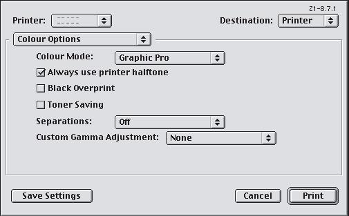 MAC OS 9 / CLASSIC Hvis du bruker et RGB-kildedokument, kan du simulere utskriften på en annen skriver ved å gjøre følgende valg i skriverdriveren: 1. Velg [Arkiv] [Skriv ut]. 2.